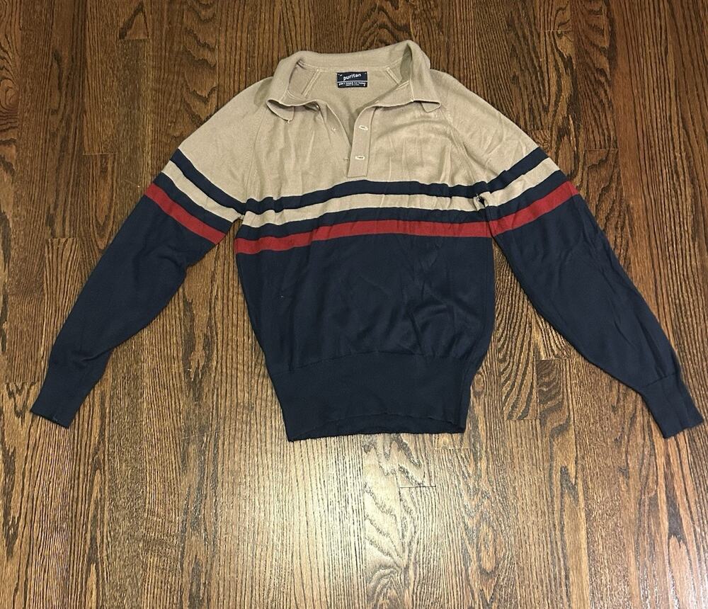 Vintage Puritan Colorblock Long Sleeve Polo Sweater Men's Medium USA Made